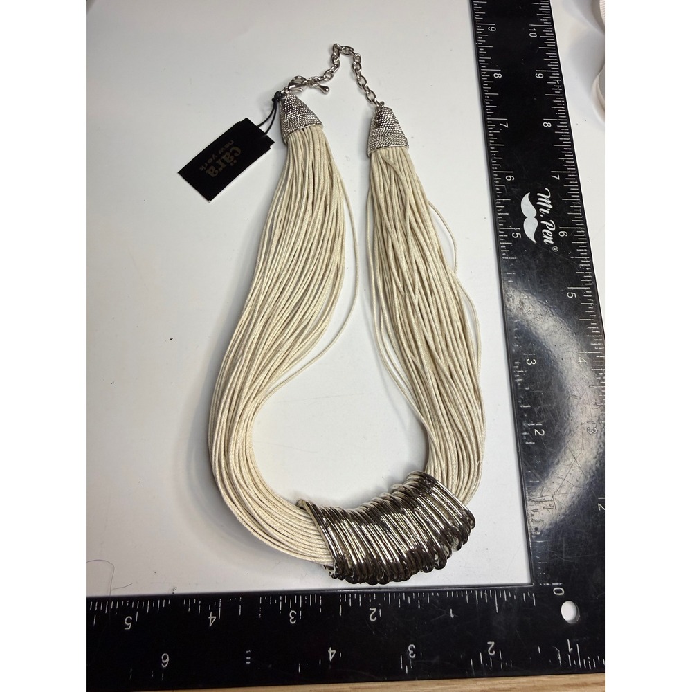 Cara New York Cream Multi Strand Cord Statement Necklace Silver Ribbed Slider